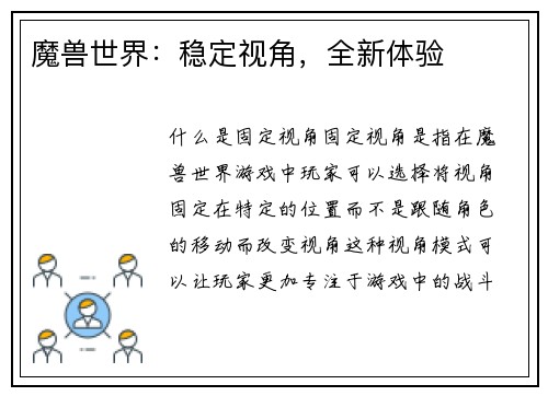 魔兽世界：稳定视角，全新体验